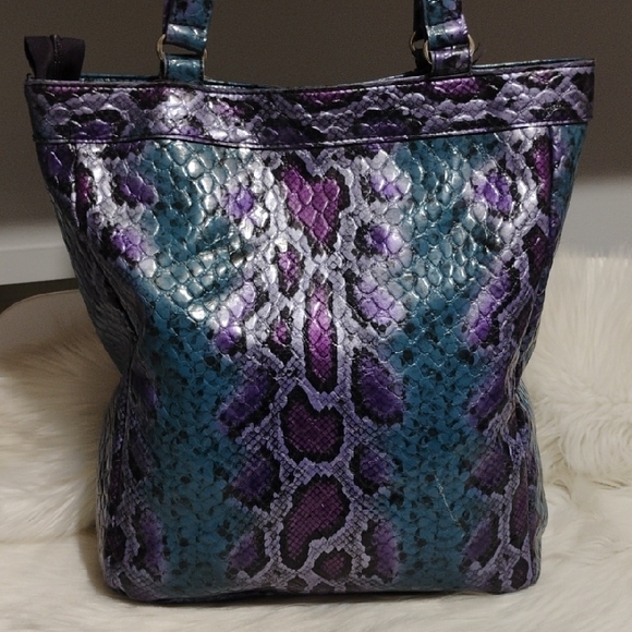 SALE! Beautiful Kathy Van Zeeland Purple 💜 Blue Faux Snakeskin Print Vint Tote - Picture 6 of 15